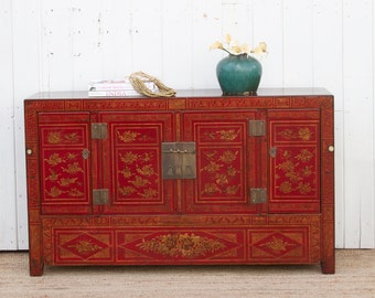 Elegant Hand-Painted Red and Gold Chinese Cabinet, Red and Gilt Cabinet, Red Lacquer Chinese Cupboard,Asian Cabinet, Artisanal Asian Storage