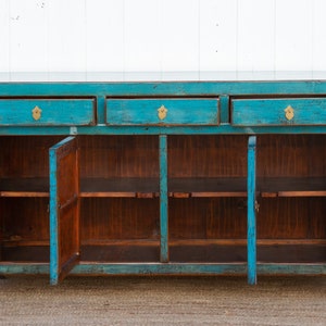 Antique Painted Sapphire Credenza, Distressed Aqua Blue Sideboard, Farmhouse Style Buffet Sideboard, Shabby Chic Aqua Blue Storage Cabinet image 4