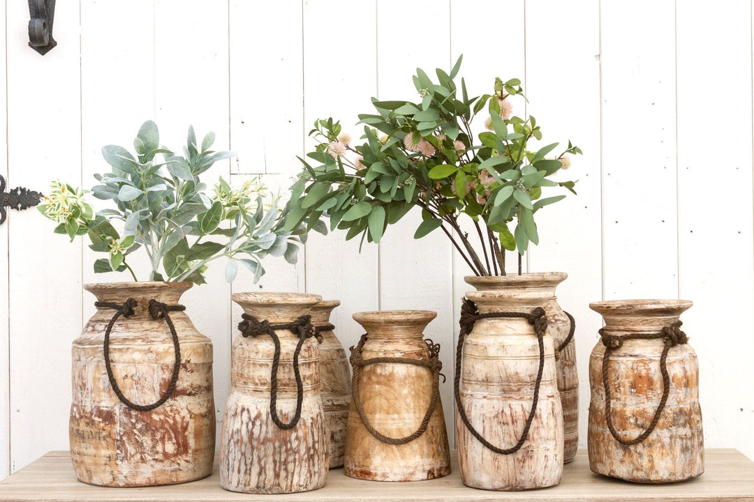 Vintage Decorative Wood Vase, Vintage Rustic Wood Vase, Wood Vase With Rope, Rustic Wooden Pot