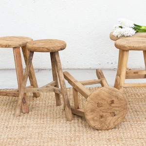 Primitive Japandi Wood Stool, Antique Ocassional Stool with Elm Top, Vintage Burnt Wood Milking Stool,Handcrafted Stool,Antique Asian Stool