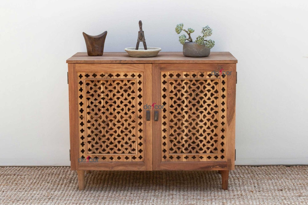 Mid-century Style Carved Jali Cabinet, Wooden Jali Cabinet, Traditional ...