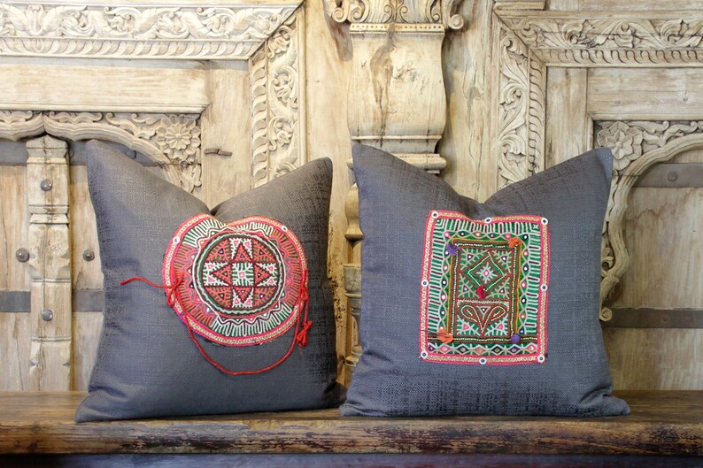 Charcoal Linen RabariPillow,Hand Embroidered Pillow,Patchwork Indian pillowVintage Boho Pillow,Handmade Pillow,Moroccan Pillow,living pillow