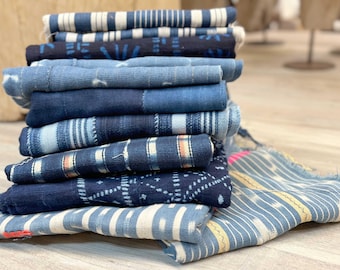 Malian Indigo Mud Cloth Fabric, Hand-Woven Cotton Textile, Vintage Indigo/White Patterns