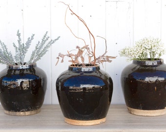 Dark Brown Vintage Martaban Vase, Vintage Southeast Asian Martaban Pot, Brown Asian Clay Vase, Glazed Martaban Vase, Ceramic Pot,Glazed Vase