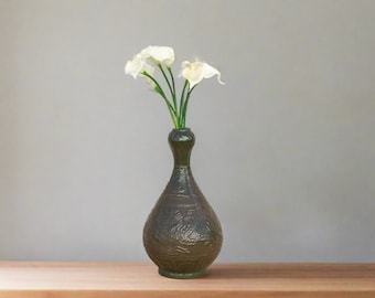 Asian Emerald Green Ceramic Vessel, Ornate Vintage Engraved Vase, Korean glazed flower Vase, Chinese Glazed Vase, Dragon Embossed Pottery