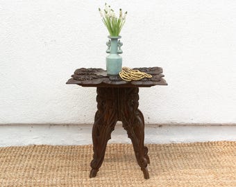 Antique Anglo Indian Carved Teak Side Table: Ornate Accent Table