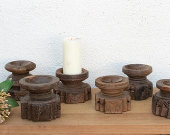 Antique Teak Wood Seeder Candle Holder, Hand-Carved Tribal Incisions, Indian Farmhouse Accent