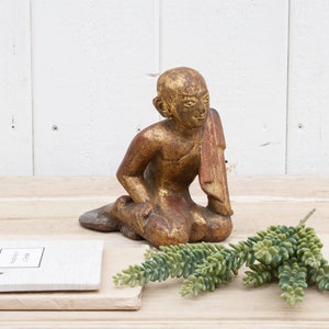 Small Carved & Painted Monk Figure, Sariputra Buddhist Monk Statue, Vintage Gilt Wooden Monk Figure, Buddhist Monk Figure, Buddhist Monk