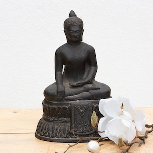Captivating Metal Buddha with Patinated Finish, Zen Home Altar, Spiritual Sculpture, Rustic Meditation Accent, Patinated Buddha Decor