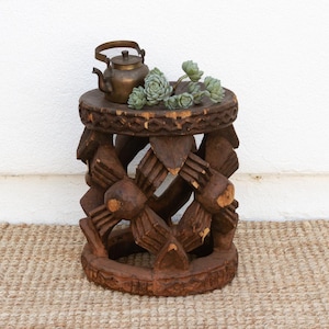 Oxidized Carved Wood Bamileke Stool, Tribal Carved African Stool,Antique Cameroon Stool,Primitive African Round Table,African Bamileke Stool