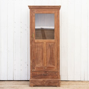 Slim Antique Teak Colonial Cabinet, Antique Display Case, Northern Indian Cabinet, Natural Teak China Cabinet, English Colonial Hutch