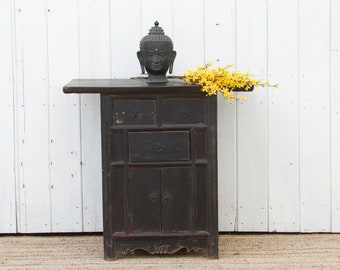 Midnight Black Chinese Cabinet, Small Chinese Side Table, Antique Elm Nightstand, Painted Black Asian Cabinet, Antique Chinese Nightstand