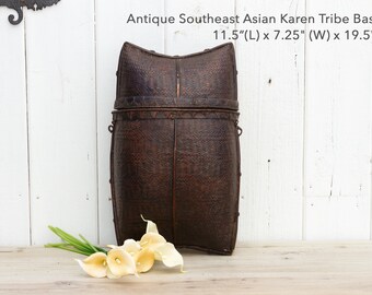 Antique Karen Tribe Basket, Lacquered Rattan Storage from Thailand