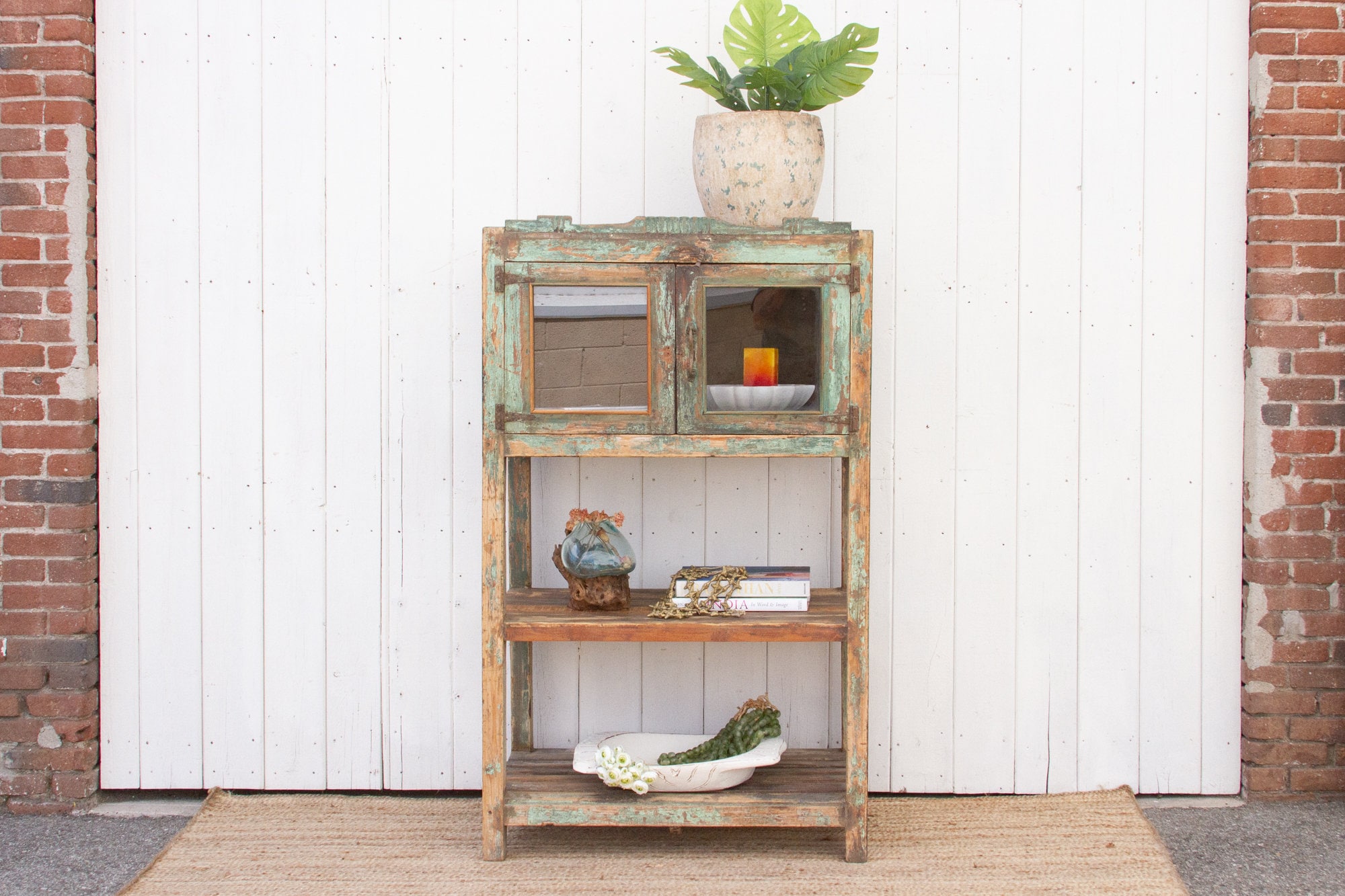 Antique Farmhouse Painted Bookcase 50% Off! Free Shipping! Glass Doors Display Cabinet, French Colonial Tall Bookcase, Antique Green Cabinet