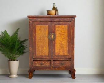 Early 20th Century Asian Burr Elm Cabinet,Country Style Antique Cabinet,Red Lacquered Cabinet, Chinese Cabinet, Distressed Painted Cabinet