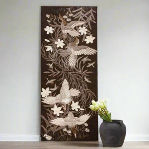 Mid-Century Embroidered Flying Birds Textile Art, Vintage Chinese Textile Wall Decor, Flying Birds Textile Art,Asian Bird Embroidery Textile