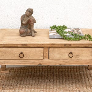 May include: A light-colored wooden coffee table with two drawers and round metal pulls. A small statue of a seated Buddha, a book, and a green plant are on the table's surface. The table is on a woven rug.
