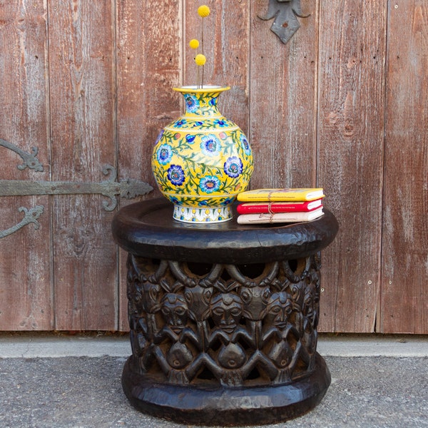 Antique Tribal Bagongle Ceremonial Stool, African Cameroon round Stool, Carved African Wood, Tribal African Table,Round Carved African Stool