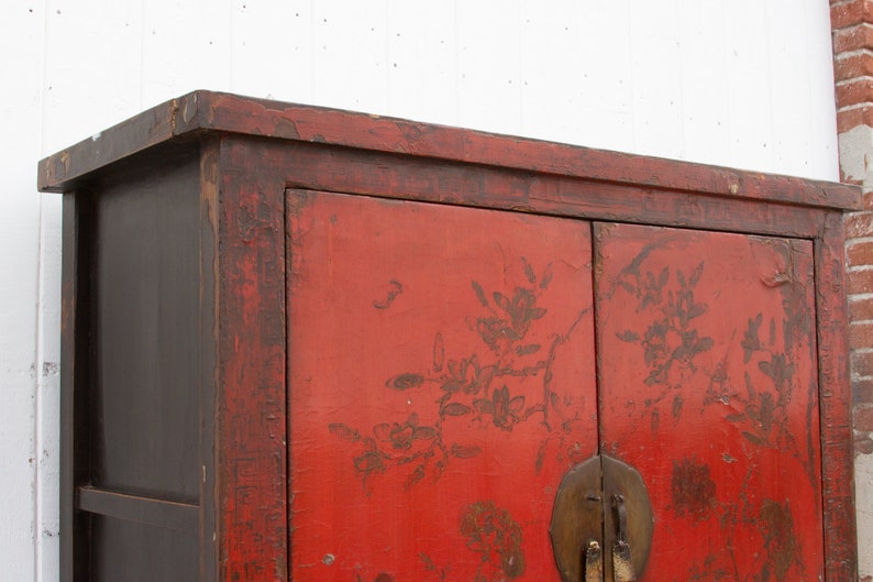 Antique Painted Chinoiserie Armoire Cabinet, Hand-Painted Armoire, Antique Wardrobe, Distressed Armoire, Traditional Asian Storage Armoire image 9