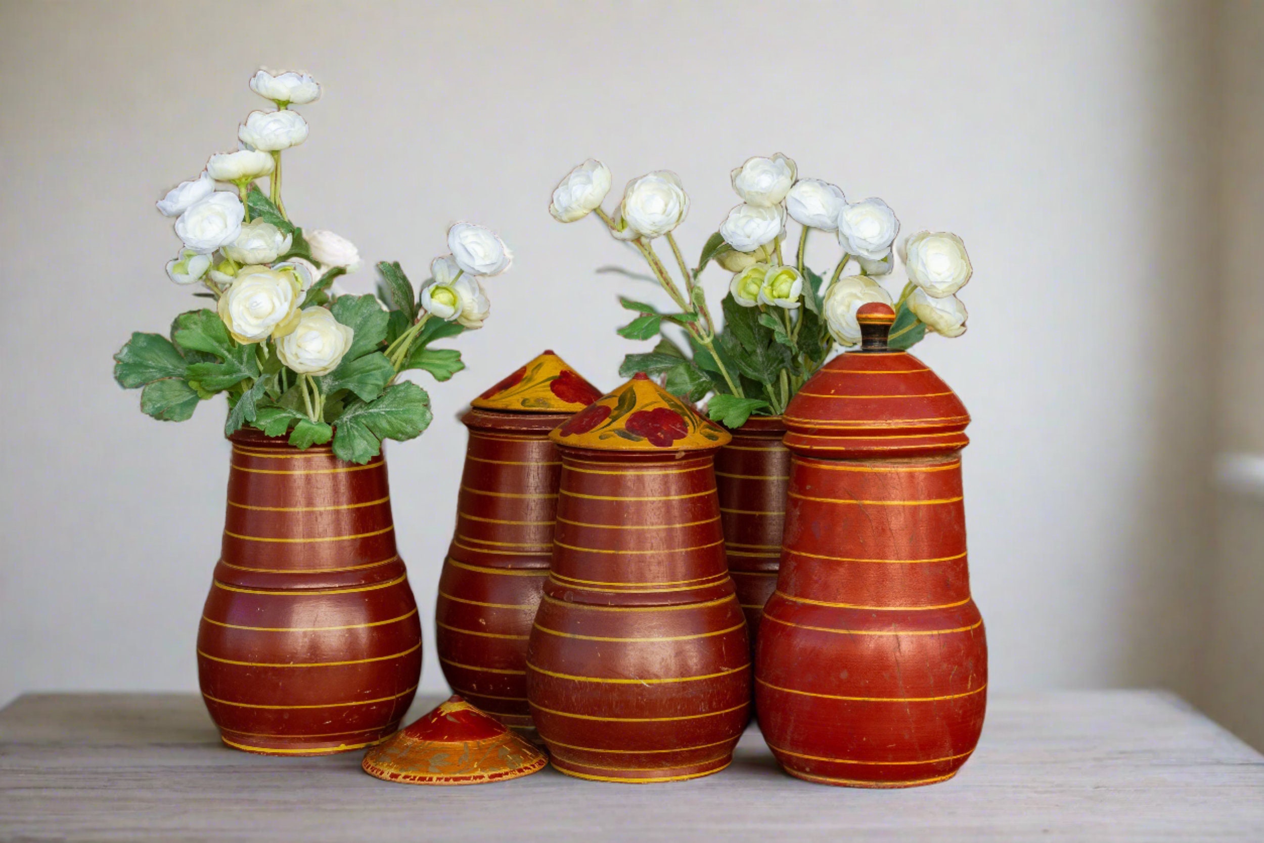 Vintage Polychrome Treen Lidded Pot Colorful Wooden Canister