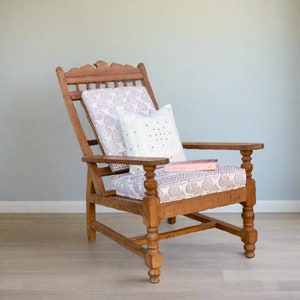 Antique Teak Plantation Chair with block print linen upholstery, Indian Plantation Lounge Chair, Antique Club Chair, Antique Colonial chair image 1