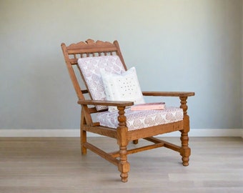 Antique Teak Plantation Chair with block print linen upholstery, Indian Plantation Lounge Chair, Antique Club Chair, Antique Colonial chair