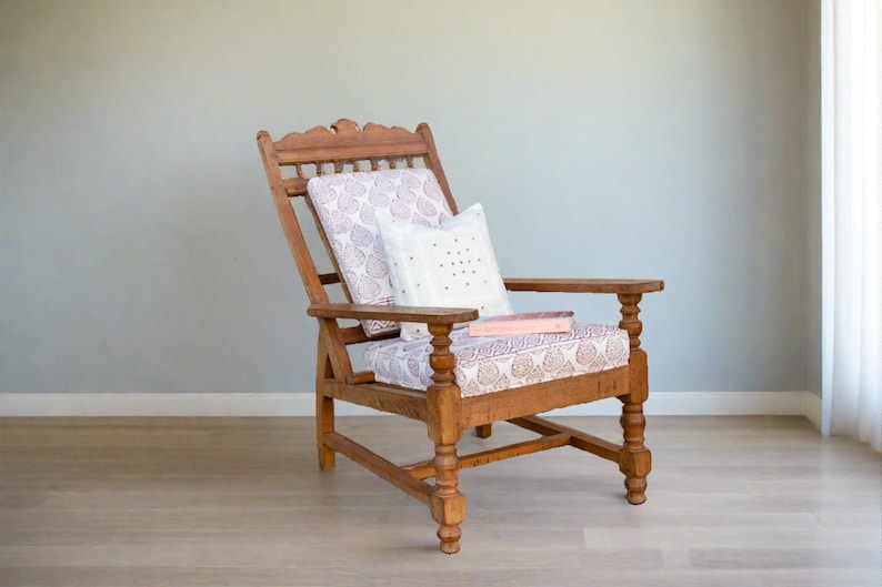 Antique Teak Plantation Chair with block print linen upholstery, Indian Plantation Lounge Chair, Antique Club Chair, Antique Colonial chair image 1