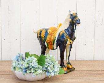 Royal Blue Chinese Sancai Horse, Vintage Asian Sancai Horse, Terracotta Tang Style Sancai Glazed Horse, Vintage Blue Ceramic Horse Figure