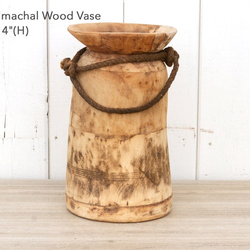 Vintage Decorative Wood Vase, Vintage Rustic Wood Vase, Wood Vase With Rope, Rustic Wooden Pot, Hand Carved Wooden Vase, Large Wooden shops Vase