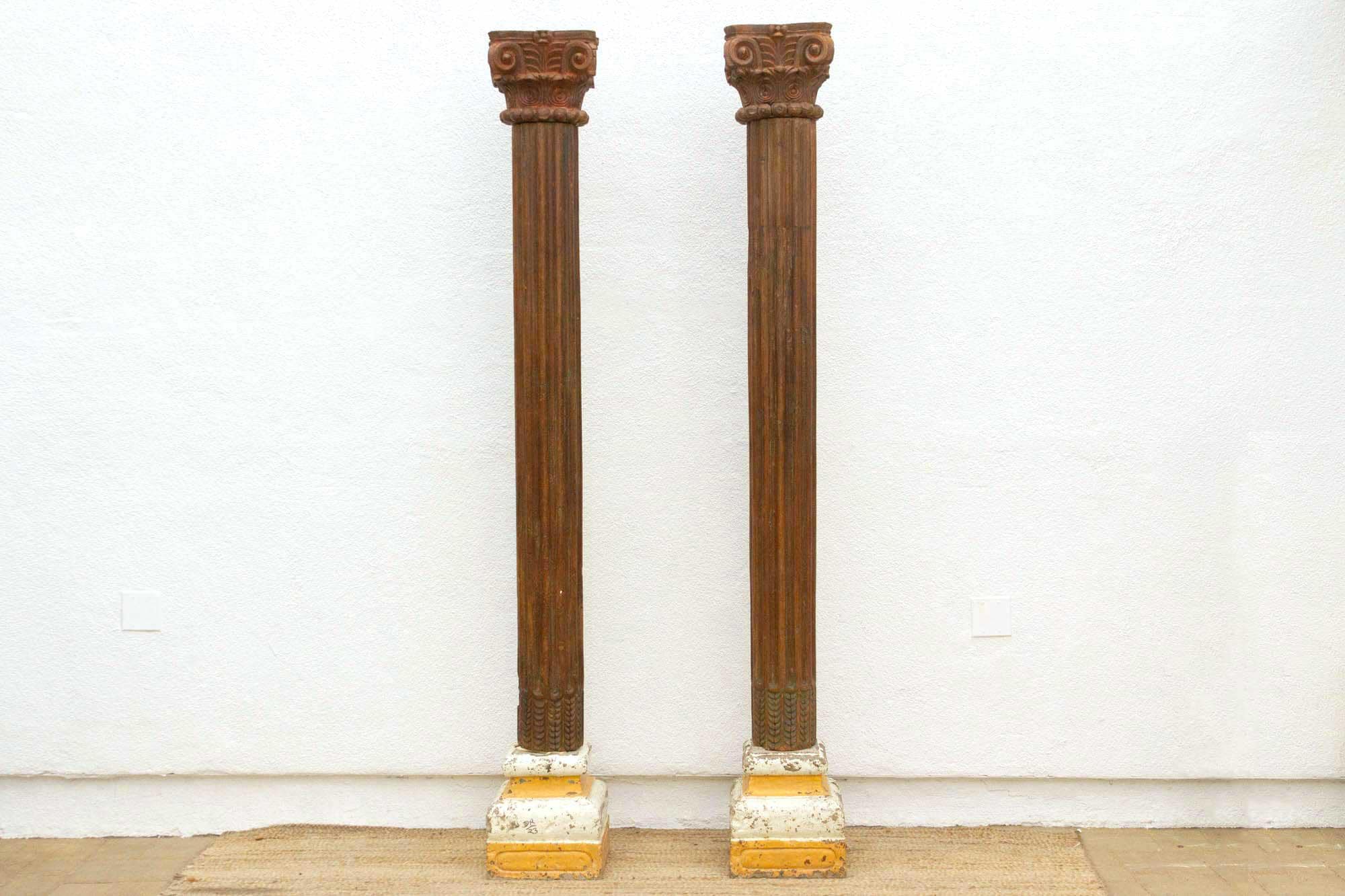 Antique Teak Columns: 1800s Indian Haveli Pillars With Stone Base