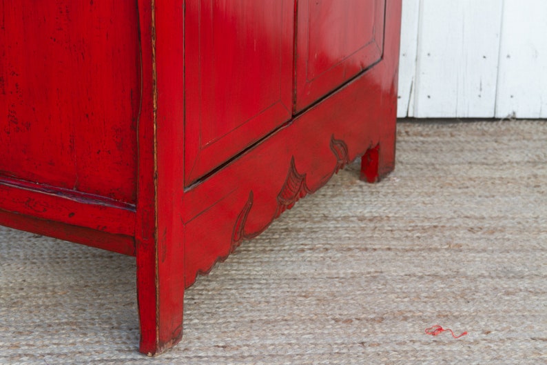Two Door Ruby Red Chinese Cabinet, Traditional Chinese Cupboard,Red Lacquer Cabinet,Double Door Chinese Cabinet,Hand-painted Chinese Cabinet image 9