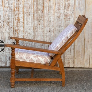 Antique Teak Plantation Chair with block print linen upholstery, Indian Plantation Lounge Chair, Antique Club Chair, Antique Colonial chair image 4