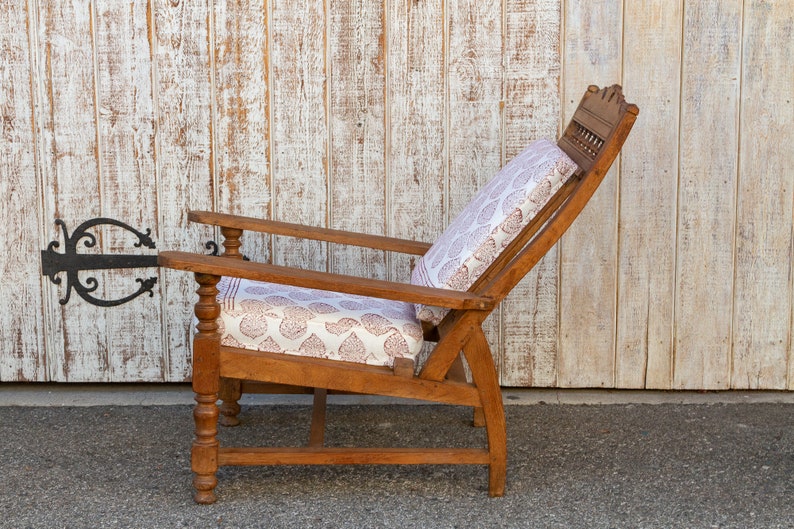 Antique Teak Plantation Chair with block print linen upholstery, Indian Plantation Lounge Chair, Antique Club Chair, Antique Colonial chair image 4