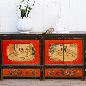 Red & Black Mongolian Sideboard Cabinet, Scenic Storage Cabinet, Red and Black Cabinet,Distressed Finish Cabinet,Handcrafted Storage Cabinet image 10