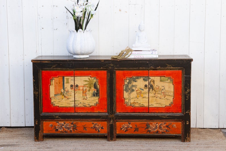 Red & Black Mongolian Sideboard Cabinet, Scenic Storage Cabinet, Red and Black Cabinet,Distressed Finish Cabinet,Handcrafted Storage Cabinet image 10