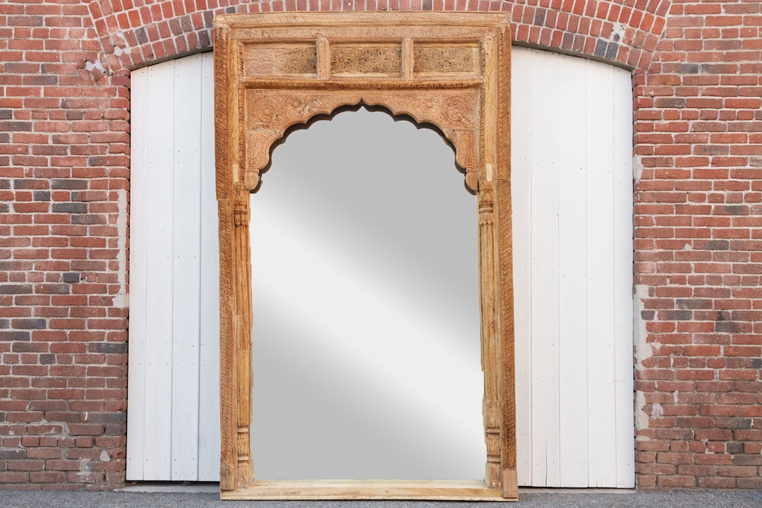 1800's Very Tall Raj Arch Indian Floor Mirror, Tall Haveli Carved Frame ...
