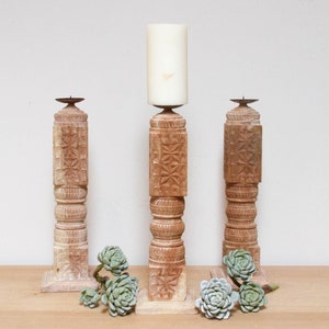 Carved Bleached Wood Candle Holder, Rustic Indian Carved Candle Holder, Turned Leg Carved Candle Holder,