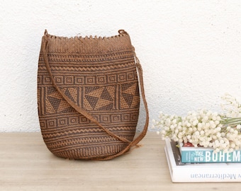 Antique Handwoven Rattan Shoulder Bag, Tribal Pattern
