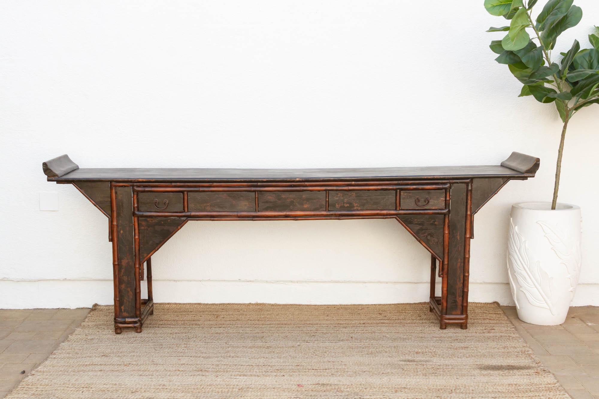 Antique Bamboo Long Chinoiserie Console Table, Grand Antique Bamboo Long Chinoiserie Console Table, Grand