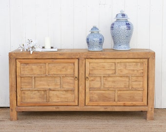 Old Bleached Wood 2-Door Lattice Cabinet, Rustic Wooden Storage Cabinet, Farmhouse Style Lattice Cabinet, Antique 2-door Paneled Cabinet