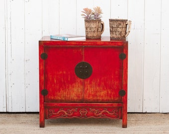 Red Lacquered Small Dragon Cabinet, Chinese Lacquerware Furniture, Red Lacquered Cabinet, Petite Red Wooden Cabinet,Red-Painted Wooden Chest