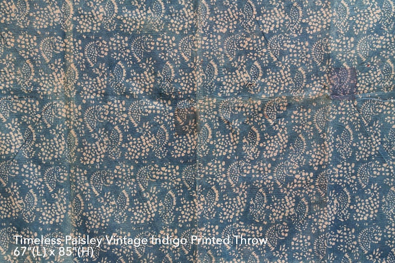 Vintage Indigo Cotton Throw: Hand-Printed Tribal Floral Blanket afbeelding 3