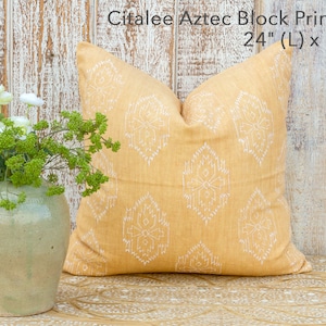 Lemon Chiffon Aztec Block Print Pillow cover,Block Print Decorative Linen Pillow Covers,Light Yellow linen Pillow,Yellow linenPillow,Cushion Chimalli 20 x 20