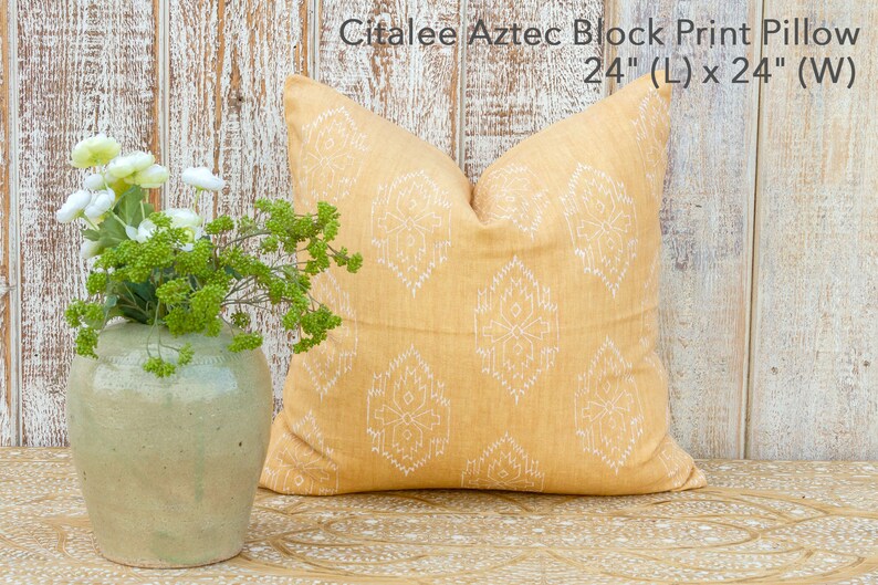 Lemon Chiffon Aztec Block Print Pillow cover,Block Print Decorative Linen Pillow Covers,Light Yellow linen Pillow,Yellow linenPillow,Cushion Chimalli 20 x 20