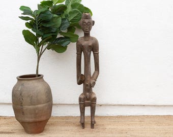 Antique Senufo Seated Figure: African Wood Sculpture, 52" Tall