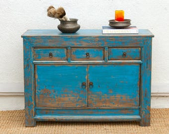 Ming Teal Distressed Vintage Credenza