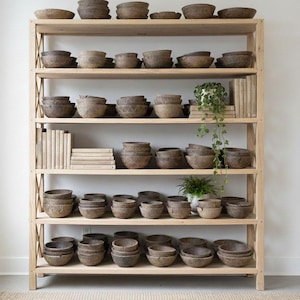 May include: A wooden bookshelf filled with various sizes of brown, textured bowls. The bowls are arranged on multiple shelves, alongside stacks of books and potted plants. The bookshelf is made of light-colored wood.