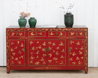 Vintage Painted Butterfly Credenza, Rustic Red Sideboard with Gilt Butterflies, Vintage Artisan Painted Buffet, Handcrafted Vintage Chest