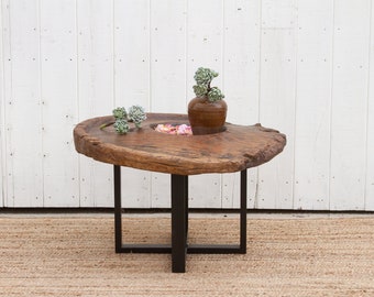 Antique Teak Grinder Wheel Coffee Table: Indonesian Rustic Round Stool