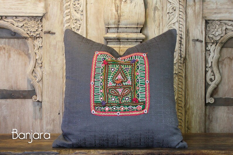 Charcoal Linen RabariPillow,Hand Embroidered Pillow,Patchwork Indian pillowVintage Boho Pillow,Handmade Pillow,Moroccan Pillow,living pillow